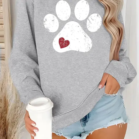 Women's Paw & Heart Print Geometric Round Neck, Casual Long Sleeve Crew Neck Pullover for Fall & Winter, Graphic Print Pullover, Women's Clothes for Daily Wear, Artwork Sweatshirt, Graphic Sweatshirts, Hoodie, Tops, Womenswear