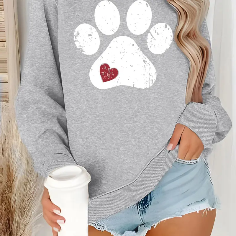 Women's Paw & Heart Print Geometric Round Neck, Casual Long Sleeve Crew Neck Pullover for Fall & Winter, Graphic Print Pullover, Women's Clothes for Daily Wear, Artwork Sweatshirt, Graphic Sweatshirts, Hoodie, Tops, Womenswear