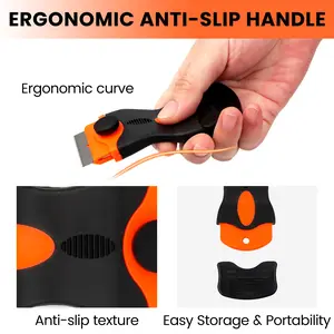 2 Counts Versatile Single-Head Cleaning Scrapers with 20 Blades (10 Plastic and 10 Metal), Easy Blade Replacement, for Removing Stickers Glue Paint from Smooth Surfaces Glass Tiles (Black and Orange)