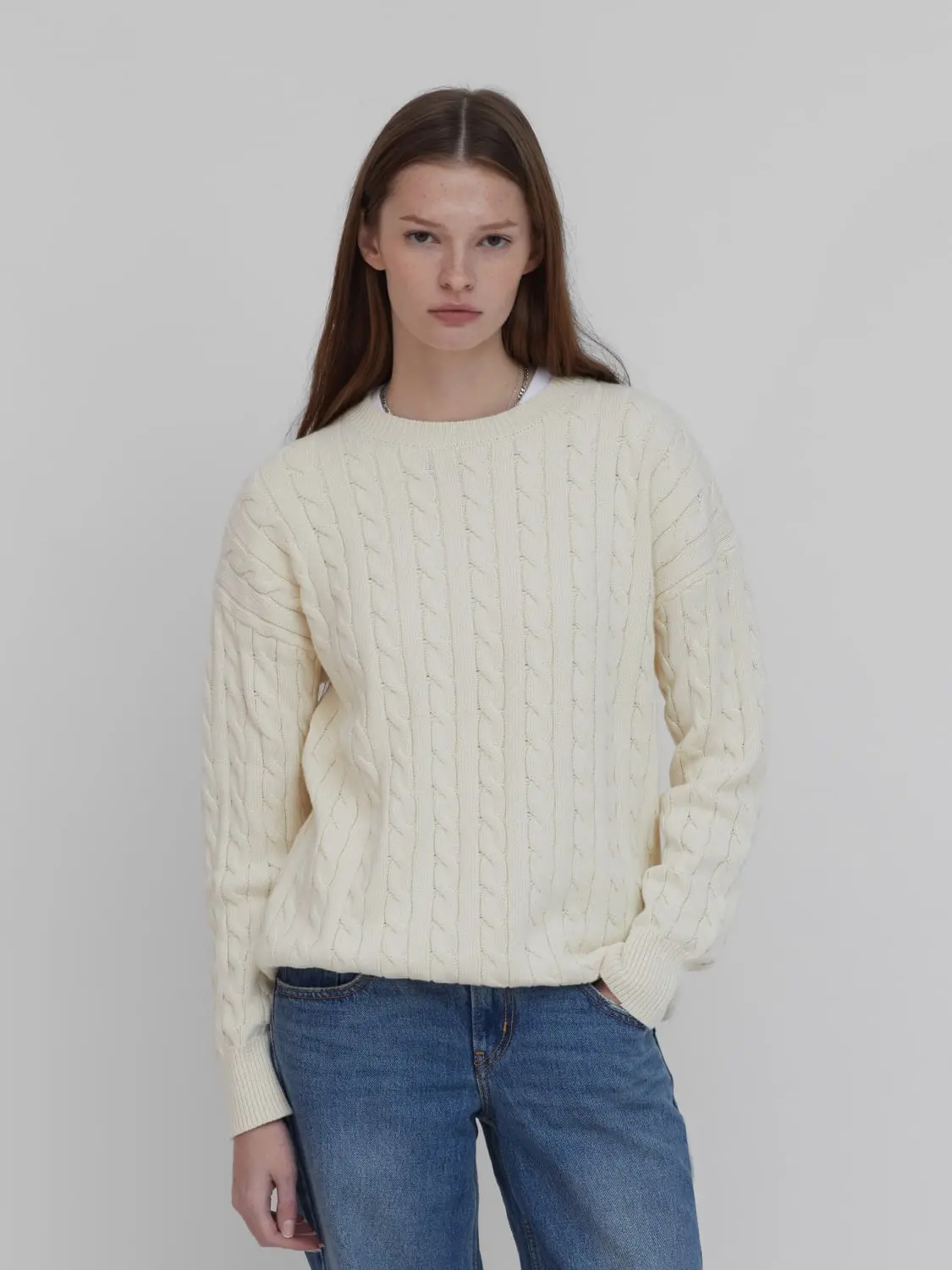 Classic Cotton Cable Knit Sweater in Cream