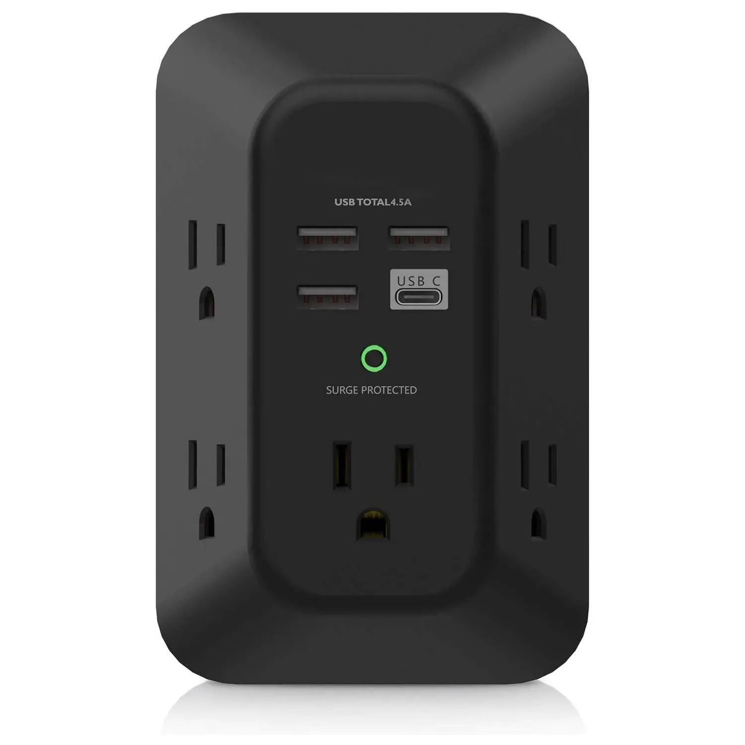 USB Wall Charger Surge Protector - Addtam 5 Outlet Extender with 4 USB Charging Ports (1 USB C), 3-Sided 1800J Power Strip Multi Plug Outlets Adapter Widely Spaced,Black