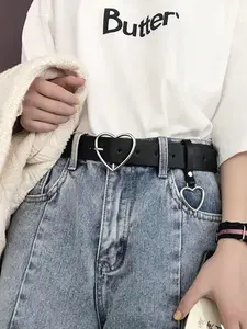 1 Piece Fashion Causal Heart Buckle Design Pu Buckle Belt, Simple Design Punk Style Waistband for Jeans Short Skirt, Trendy Belt