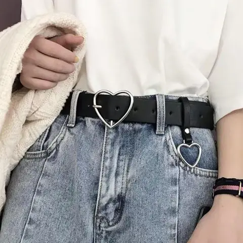 1 Piece Fashion Causal Heart Buckle Design Pu Buckle Belt, Simple Design Punk Style Waistband for Jeans Short Skirt, Trendy Casual Belt With Buckle PU Leather Belts