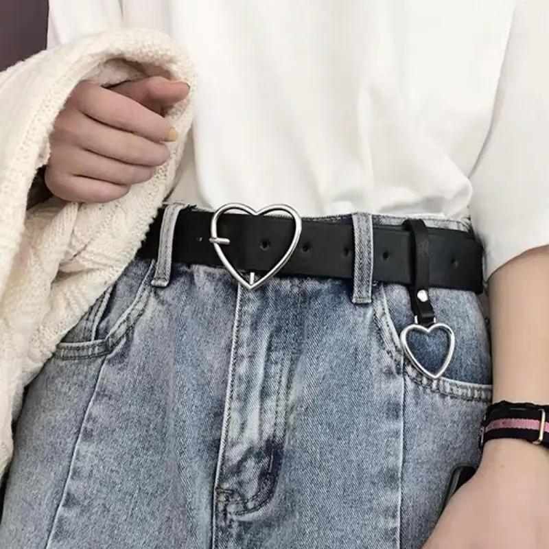 1 Piece Fashion Causal Heart Buckle Design Pu Buckle Belt, Simple Design Punk Style Waistband for Jeans Short Skirt, Trendy Casual Belt With Buckle PU Leather Belts