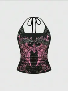 SOLEMN Spring Summer Women's Y2K Punk Skeleton Print 2 In 1 Contrast Lace Sleeveless Bodycon Tank Top Suitable For Music Festival