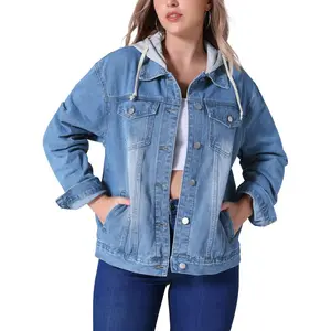 INSPIRE CHIC Women's Long Sleeve Button Down Detachable Hoodie Jean Jacket Blue X-Large
