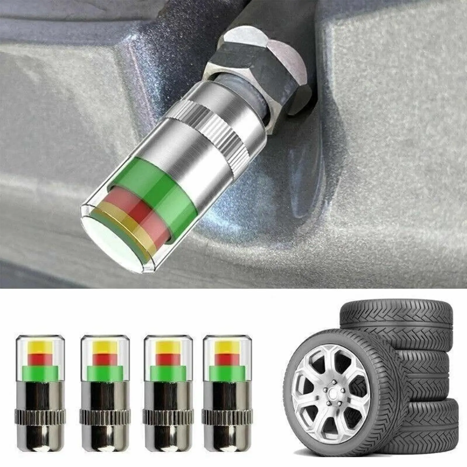 4Pcs Car Auto Tire Pressure Monitor Valves, 36PSI 2.4Bar 3 Color Eye Alert Tire Pressure Monitor Valve Stem Cap for Medium-Sized, Small, Motorbikes, Bicycles