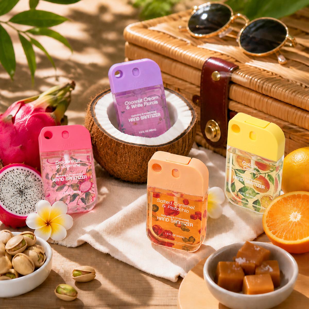 Wish Hand Sanitizer Spray Set (4 Bottles: 1.2 fl oz/1.5 fl oz) - Coconut Cream & White Florals, Golden Citrus, Dragonfruit & Jasmine, Salted Caramel & Pistachio