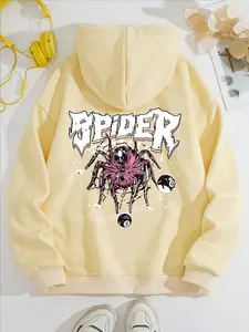 Women's Casual Spider Print Fleece Hoodie with Front Pocket, Comfortable Winter Pullover, Fall & Winter Fashion