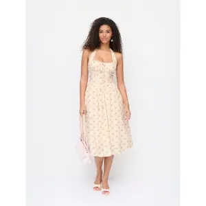 Cider Cotton-blend Halter Neckline Ditsy Floral Shirred Milkmaid Midi Dresses