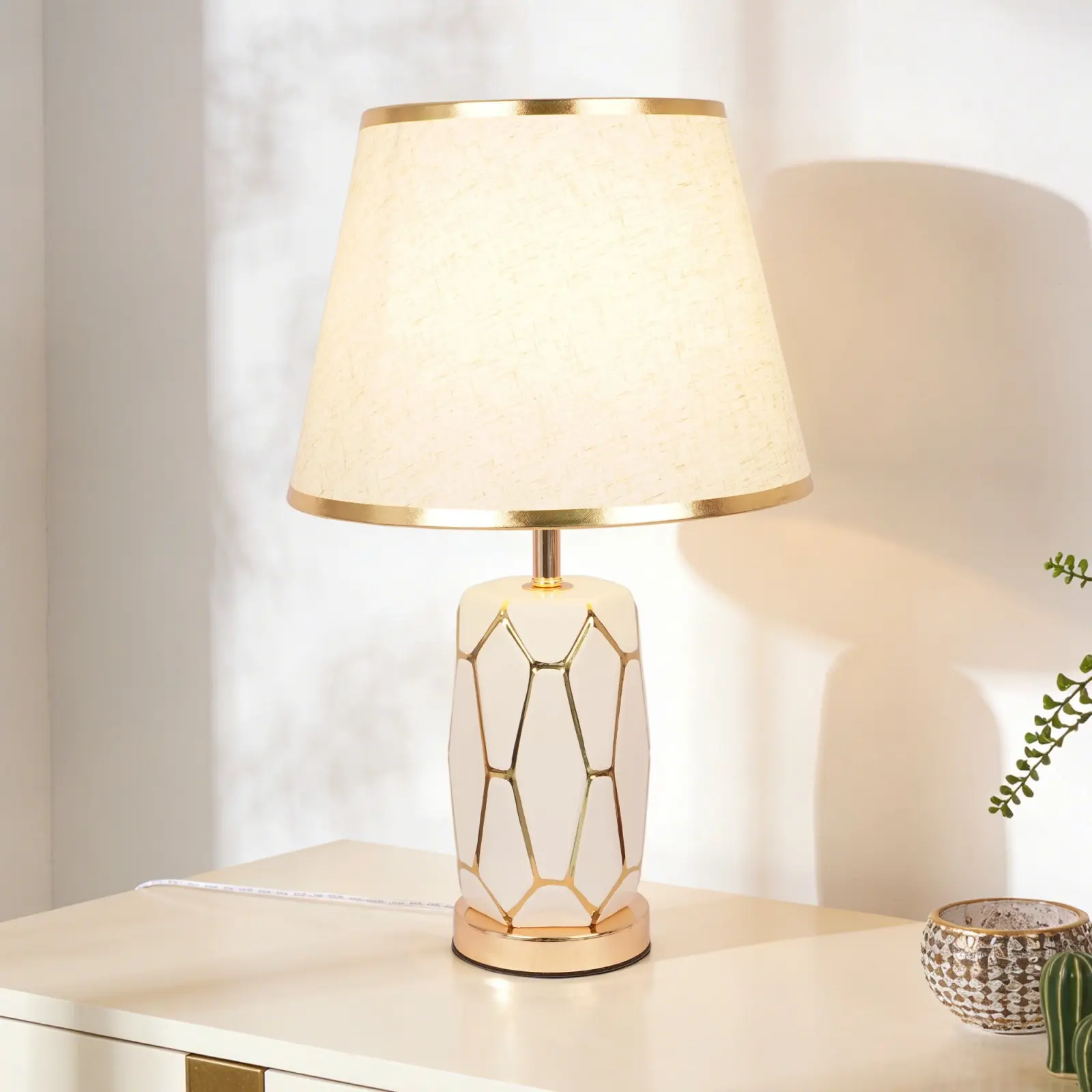 18.5-Inch Ceramic Table Lamp with Fabric Shade, 3-Color Changing for Bedroom, Living Room Decor