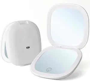 Rechargeable travel makeup mirror with lighting, 1x/2x magnifying glass, with light, portable and fits in a bag, 4 inches, gift, pink and white