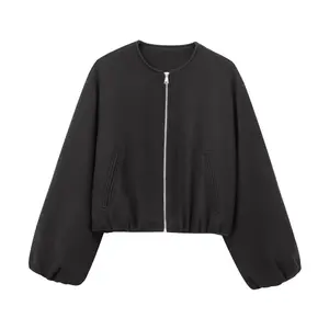 TRNDY LAB  Black Bomber Jackets for Women Zipper Varsity Jackets Women Soft Cropped Jackets Woman 2026 Long Sleeve Winter Coat Female