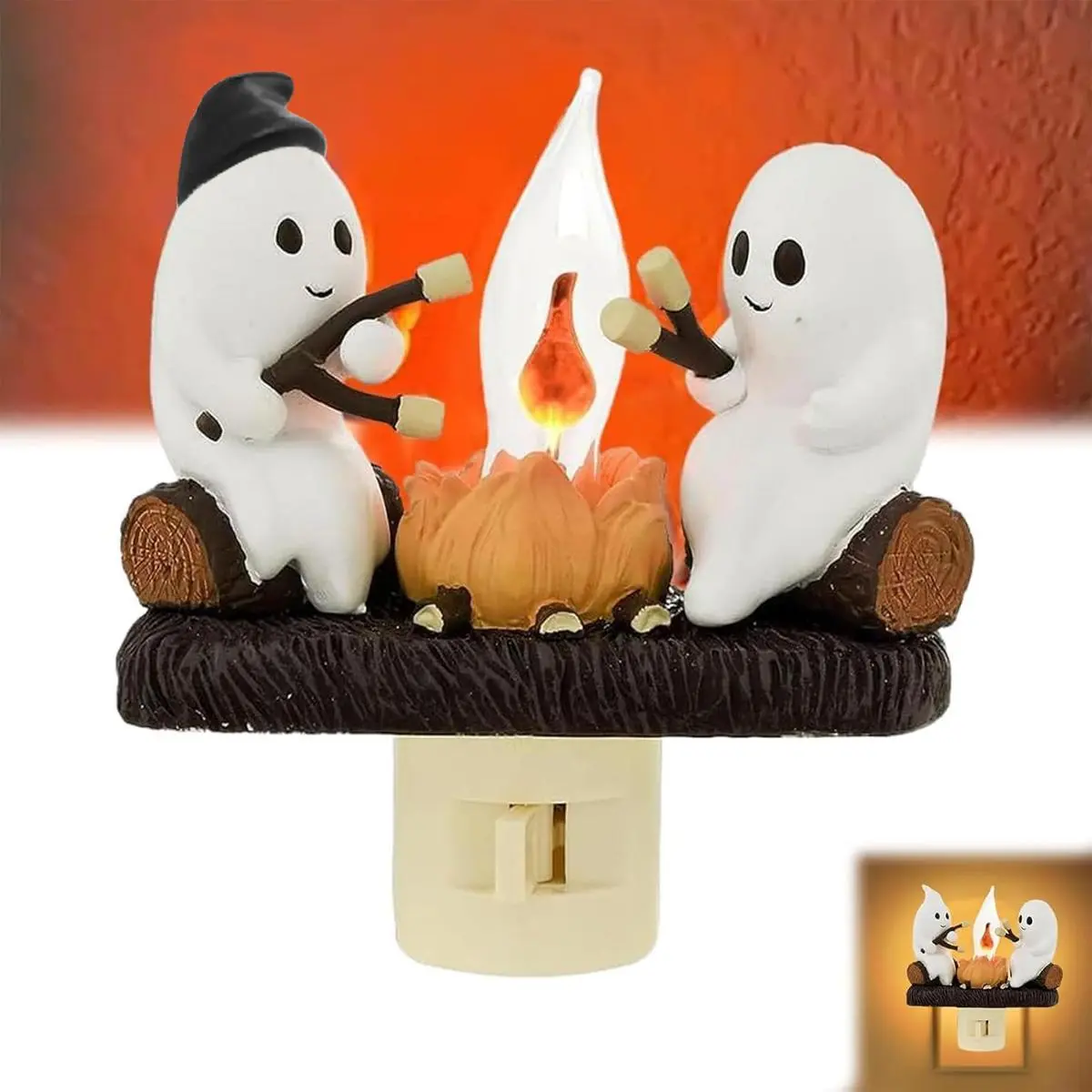 Ghost-Themed Decorative (Ghost) Night Light - Halloween Decorations with Flame Flicker, Portable Compact Wireless LED Plug-In Wall Sconce Figurine, Campfire Theme for Family Parties & Rooms