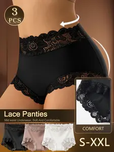 QUASTI 3 Pcs Floral Lace Panties for Women, Mid Waist Soft Breathable Underwear, Stretch Comfortable Briefs, Sexy Lace Trim Full Coverage Panties, Lightweight Everyday Underwear for Daily Wear, Workout, Date Night, Gift S-XXL