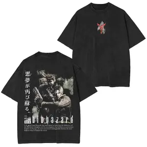 Resident Evil 4 Leon Kennedy Classic Gaming Graphic T Shirt Acid Wash Oversized Vintage Retro Heavyweight Cotton Tee Y2K Pump Cover Gym Apparel Survival Horror Streetwear Japanese Gamer Loose Fit Casual Summer Top Men Women Alt Edgy Fits