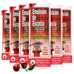 Emulsion De Escocia Cherry Flavor - Kids Cod Liver Oil - Omega-3 Fish Oil Supplement - Vitamins A, D, E & B1 for Immune Support & Growth - 6-Pack, Health, Brain