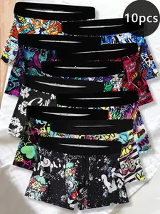 Trendy Fashion Printed Men's Underwear, Elastic Waist Boxer Shorts, Soft Skin-Friendly Briefs, 10 Pairs (Style D135)