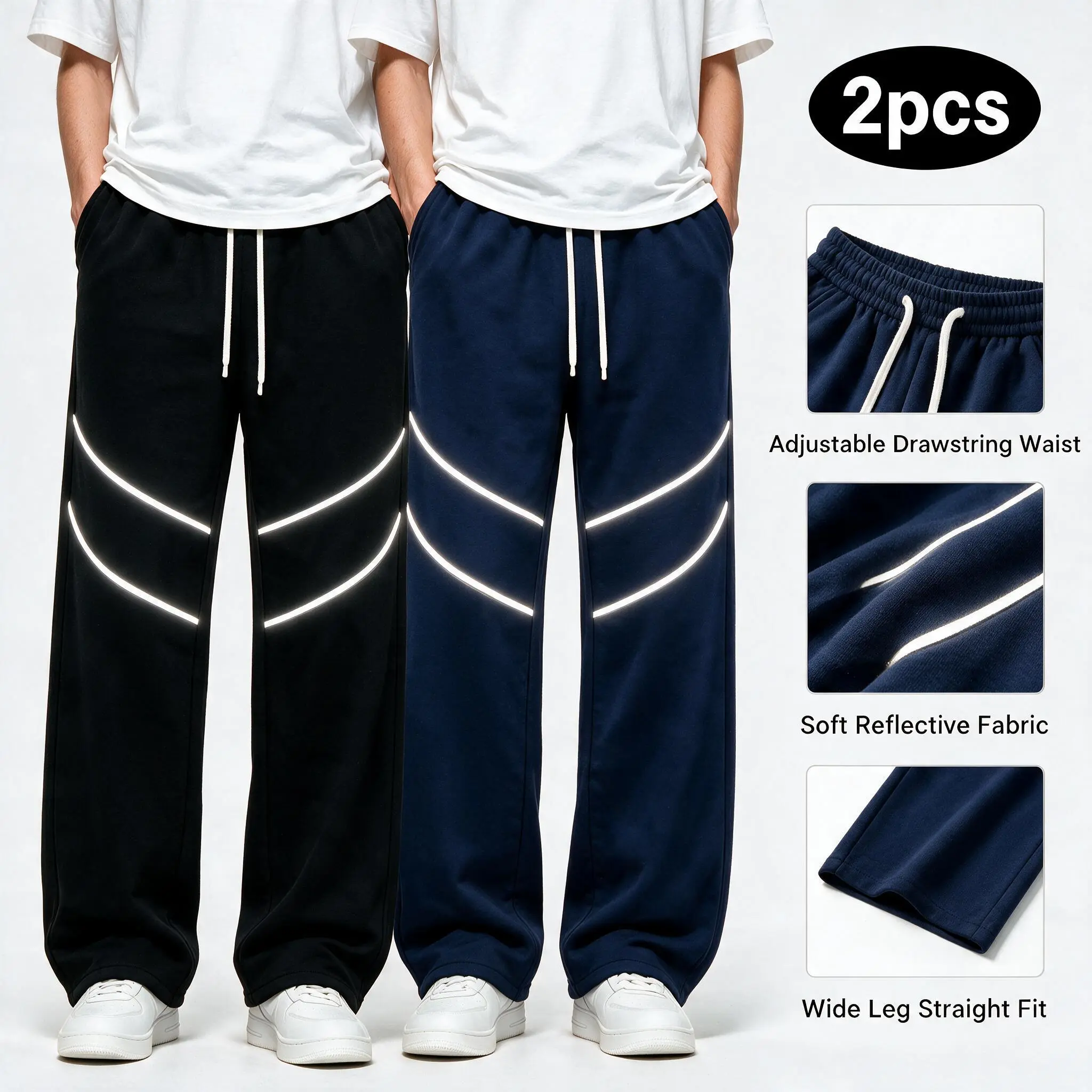 Unisex 2-Pack Lightweight Jogger Sweatpants – Breathable Athletic Pants with Drawstring Elastic Waist, Reflective Stripes for Low-Light Safety, Loose Comfy Fit for Gym Workout, Running, Hiking, Travel, Lounge, Streetwear & Everyday Casual Wear Sizes S-2XL