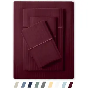 500 TC Queen Size Damask Sheet, 100% Bedsheets, 4 18" Deep Pockets Sateen Weave Striped Mattress Resort- (Burgundy, Queen)