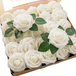 25pcs/50pcs Artificial Flower Foam Rose Real Touch Roses Flower Heads with Stem Gift Box for DIY Wedding Bouquets Centerpieces Arrangements Party Baby Shower Home Decor
