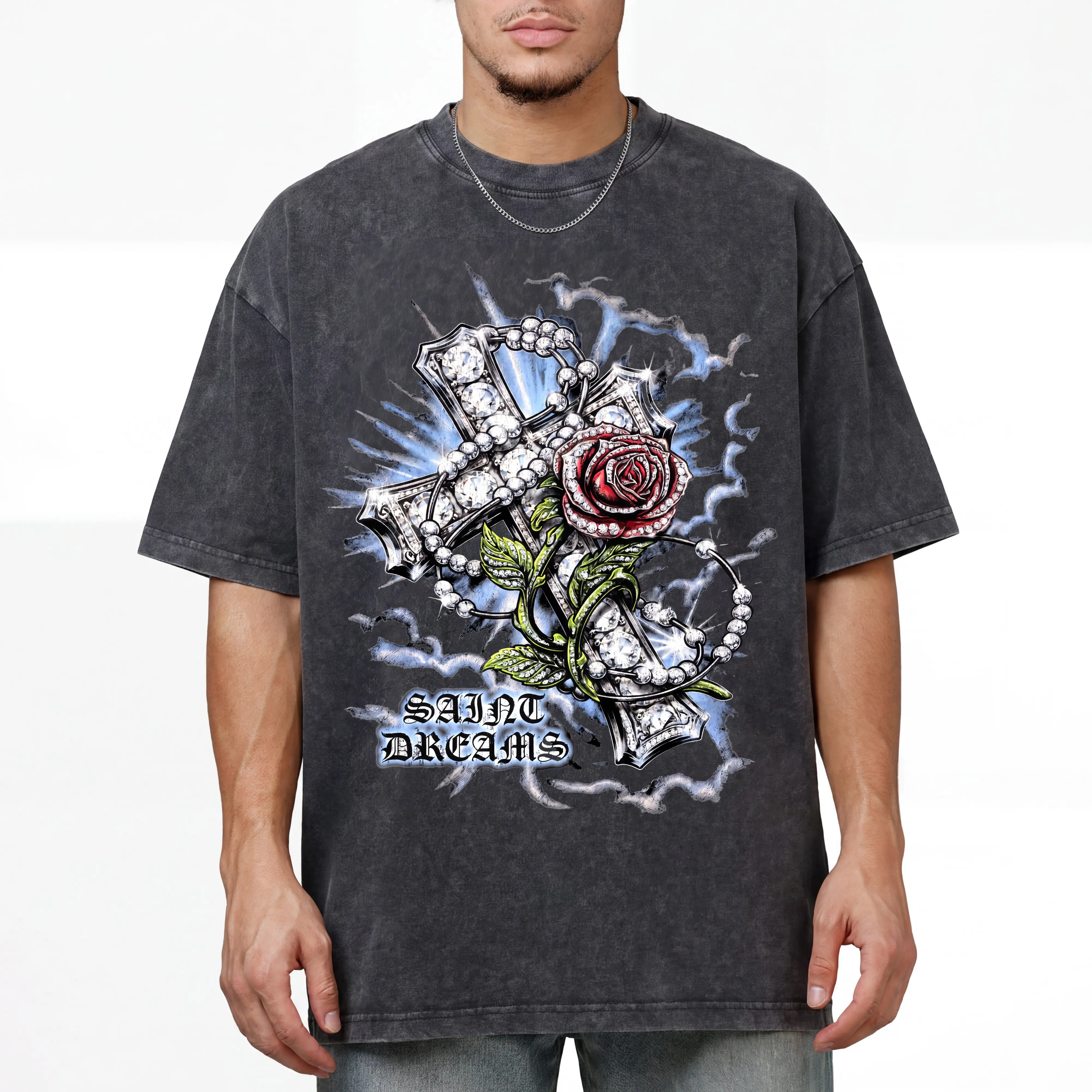 Vintage Washed Saint Dreams Diamond Cross Rose Pearl Graphic T Shirt, Heavyweight100%Cotton Oversized Tee for Men and Women Unisex, Gothic Grunge Y2K Emo Streetwear Clothes Casual Daily Wear Summer Outfits Shirts