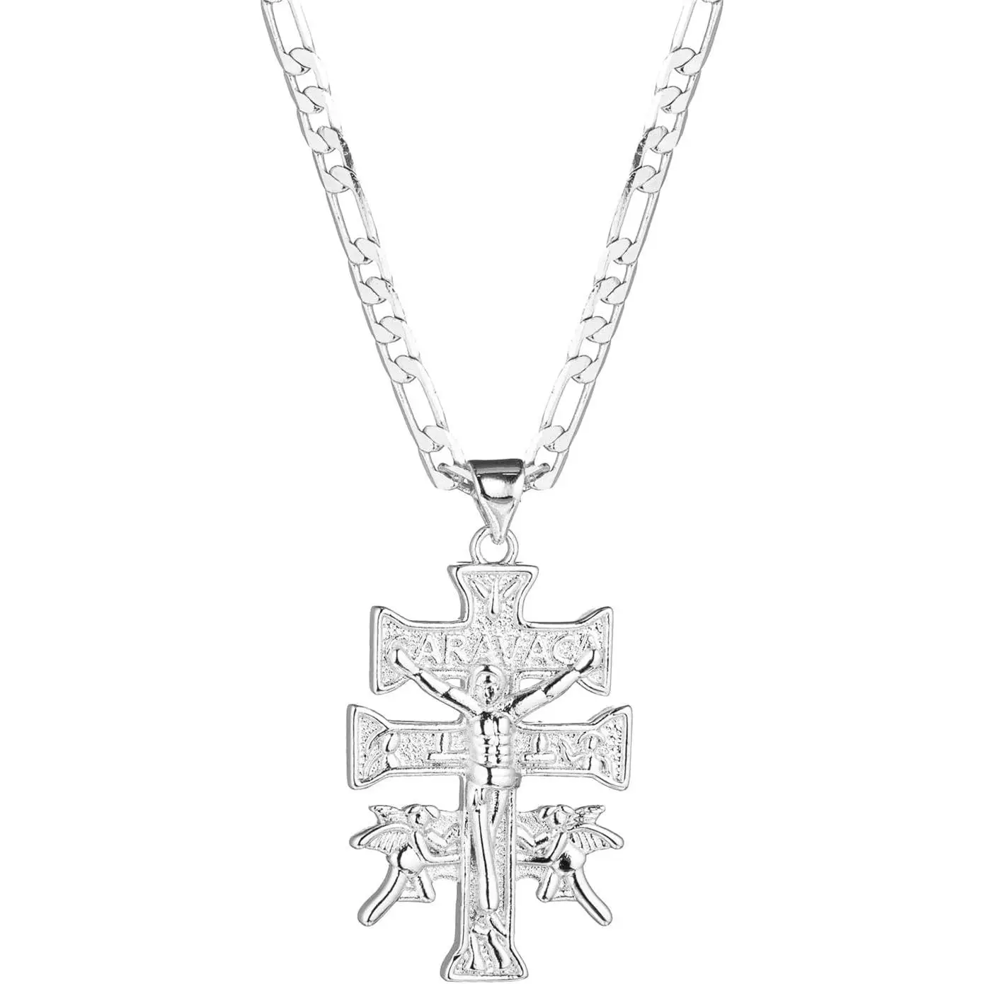 14K Gold Silver Tone Stainless Steel Catholic Caravaca Crucifix Cross Charm Pendant With Cherub Angel Necklace For Women Men 3mm Flat Figaro Chain Necklace