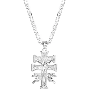 14K Gold Silver Tone Stainless Steel Catholic Caravaca Crucifix Cross Charm Pendant With Cherub Angel Necklace For Women Men 3mm Flat Figaro Chain Necklace