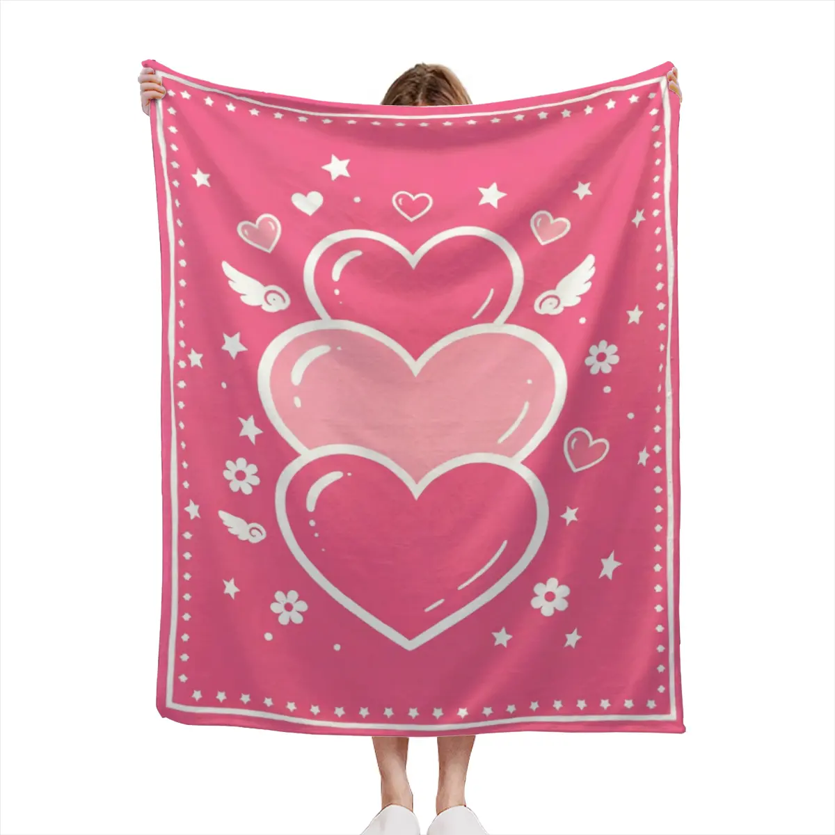 Pink Angel Heart Print Throw Blanket, Romantic Girly Love Flannel Blanket, Cute Valentine Aesthetic Bedroom Decor Blanket
