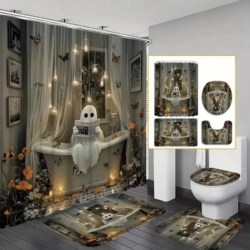 4pcs Christmas cute ghost design, exquisite pretty shower curtain set, non-slip floor mat, U-shaped carpet, toilet lid cover, perfect for bathroom decoration, partition, beautify the space, 12 shower curtain hooks are given