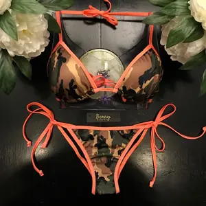 Women Camo Bikini Set Neon Trim String Swimwear Sexy Triangle Top Tie Side Bottom Beachwear Summer Vacation Swimsuit Trendy TikTok US Viral Aesthetic Bathing Suit for Women