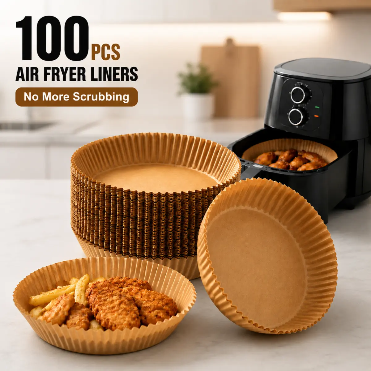 100PCS Disposable Air Fryer Liners - 6.3-7.9 In Round Food-Safe Silicone Nonstick Parchments, Disposable Parchment Paper, Oil-Resistant Kitchen Bakeware Accessories for Easy Cleanup Cooking Baking