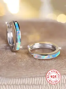 925 Sterling Silver Fashionable Artificial Gemstone Decorated Hoop Earrings, Elegant Jewelry for Women, Trendy All-match & Exquisite Jewelry for Birthday Gift