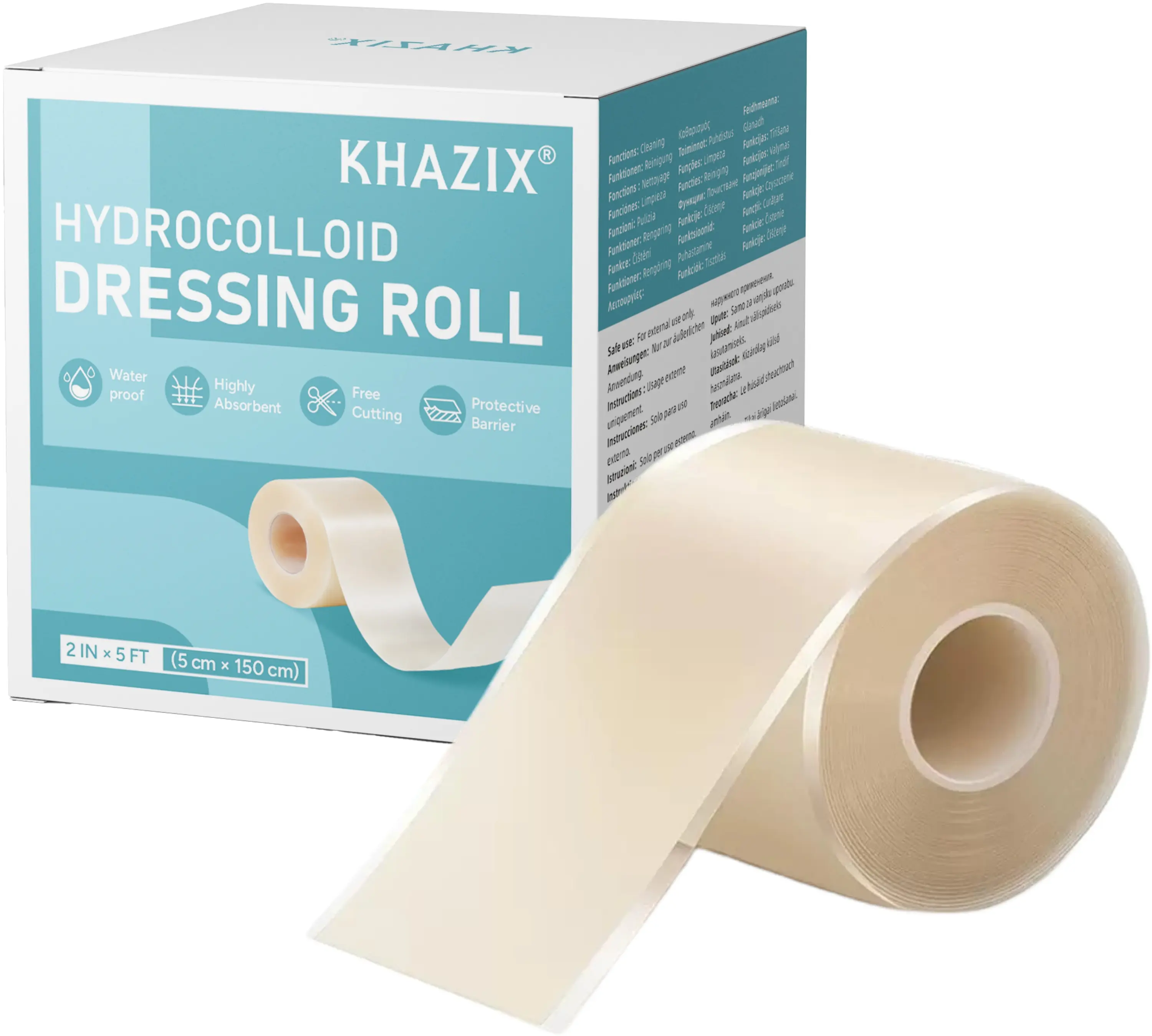 Hydrocolloid Wound Care Roll - Alcohol-Free, Hypoallergenic, Customizable Size, Waterproof, Highly Absorbent, Moves With You, First Aid Kit Essential (2in x 5ft/5cm x 150cm, Single Item)