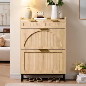 Fluted Shoe Cabinet Storage for Entryway – Narrow Shoe Rack with 2 Flip Drawers & 2 Storage Drawers, Freestanding Hidden Shoe Organizer for Foyer, Hallway