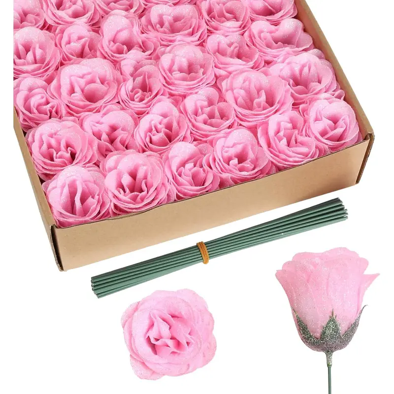 Glitter Roses Bouquet,30PCS Pink Roses Artificial   Sparkling Roses for Wedding Bouquet Party Christmas Home Decor(Light Pink)