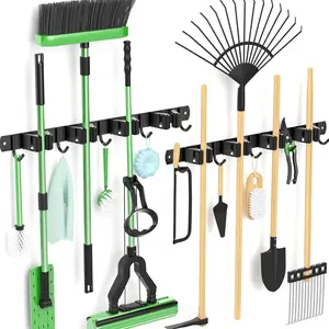 Broom & Mop Wall Mount Organizer – 4 Racks & 5 Hooks, Heavy-Duty Metal Tool Holder for Home, Kitchen, Garage, Laundry & Garden Storage