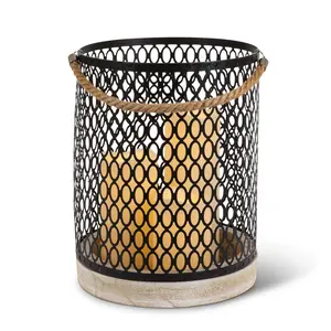 11.81in H Battery Operated Wood Lantern with a Black Metal Cylinder, includes 3 resin candles with a removeable rope handle