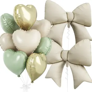 Sage Green Gold Heart Balloons, Foil Bow Balloons, 10Pcs 18 Inch Heart Shaped Balloon and 38 Inch Helium Cream Bow Balloon for Boys Girls Baby Shower Safari Jungle Birthday Wedding Party Decor, Balloon Set