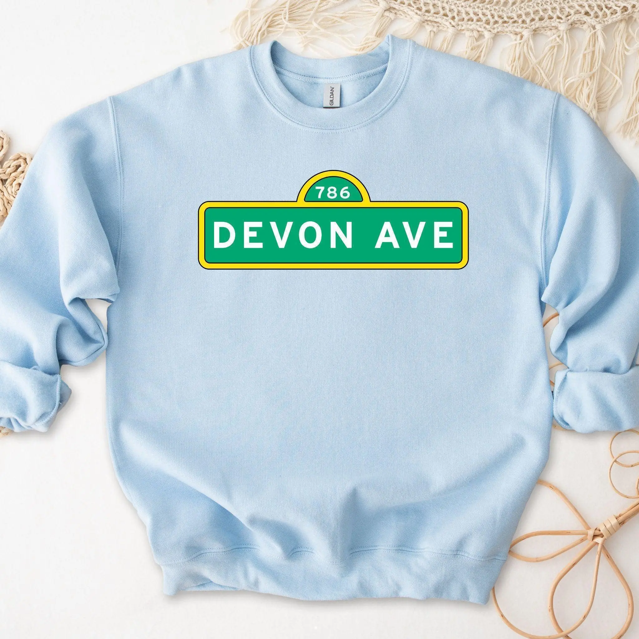 Devon Ave Sweatshirt by Humraha | Desi Arab Muslim Fashion Apparel Gifts for Ramadan Eid Nikkah Wedding Couples Families New Moms Aunts Uncles Grandparents | Pakistan India Bangladesh Palestine Lebanon Egypt Syria
