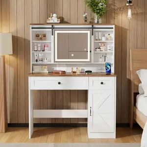 YMW Modern Beauty LED Vanity Desk with Lighted Mirror, 3 Color Lighting Modes, Charging Panel, Storage Shelves, Makeup Desk with Adjustable Brightness.Bedroom Dresser