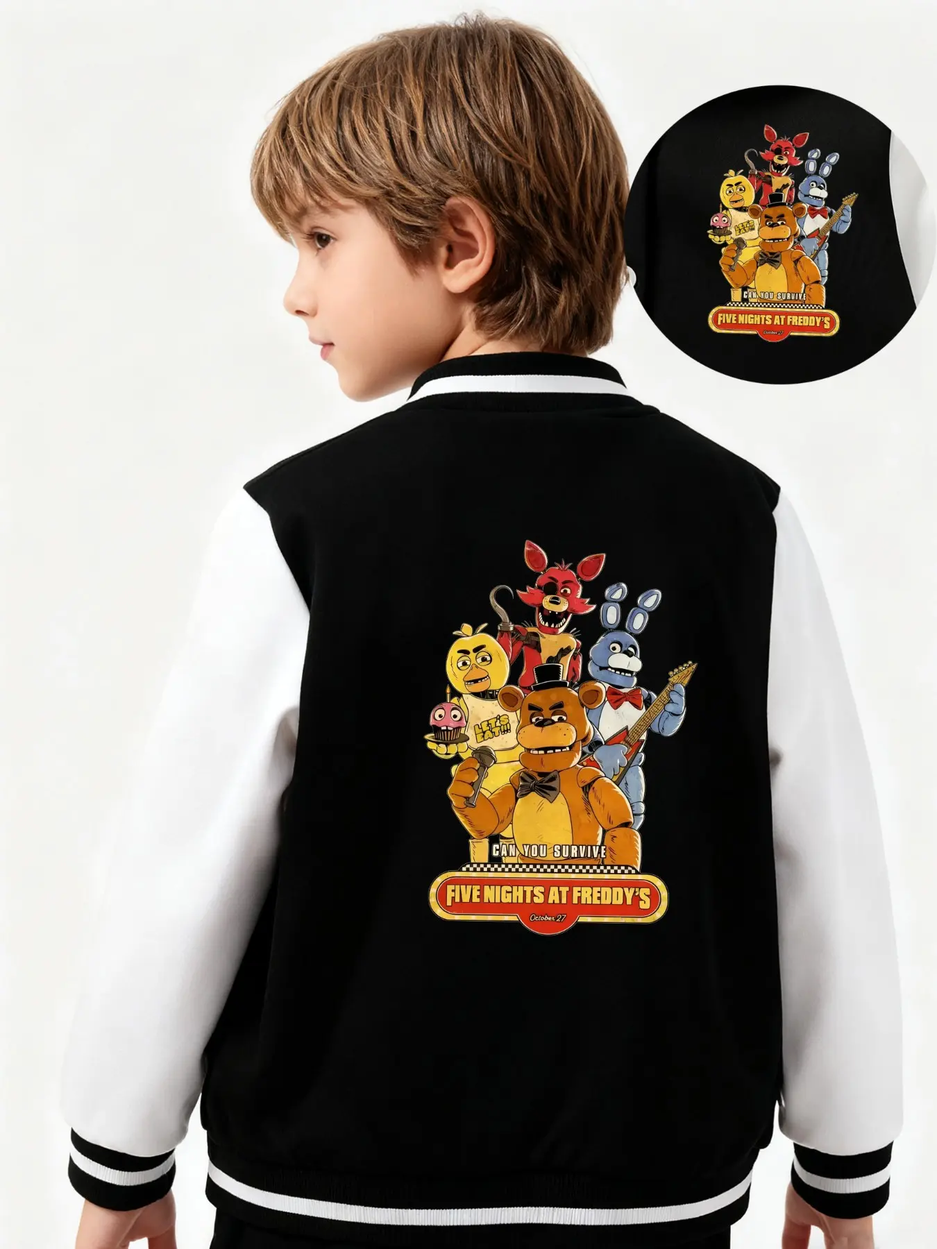 Five Nights At Freddy's (Fnaf) Game-Related Printed Boys' And Girls' Spring/Autumn New Style Cool Baseball Jacket Coats And Cardigans, Fashionable, Casual, Comfortable, Suitable For Daily Outdoor Use, Great Choice For Gift Giving, Children