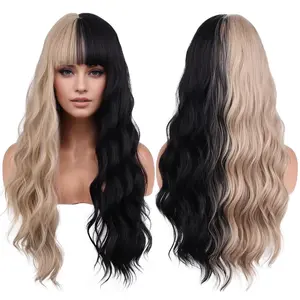 Black and Blonde Long Wavy Curly Wig with Bangs for Women Half Black and Half Blonde Split Hair Wigs Synthetic Wig with Wig Cap