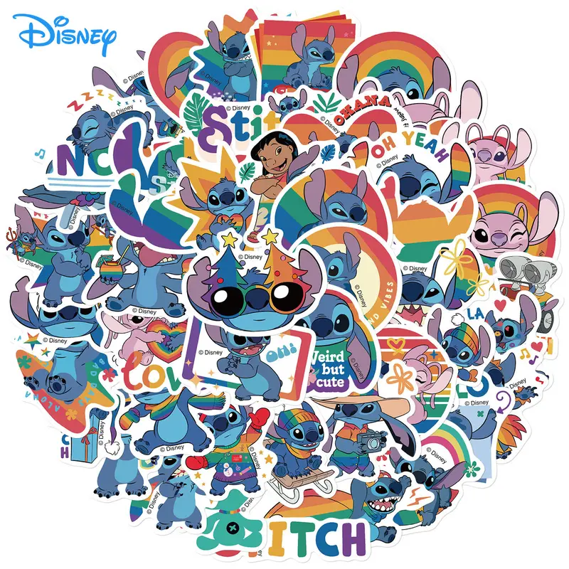 Disney Officially Licensed 50pcs Rainbow Stitch Vinyl Stickers Waterproof Classic Decals for DIY Projects & Gifts 1.57-2.76 Inches Multipurpose Use