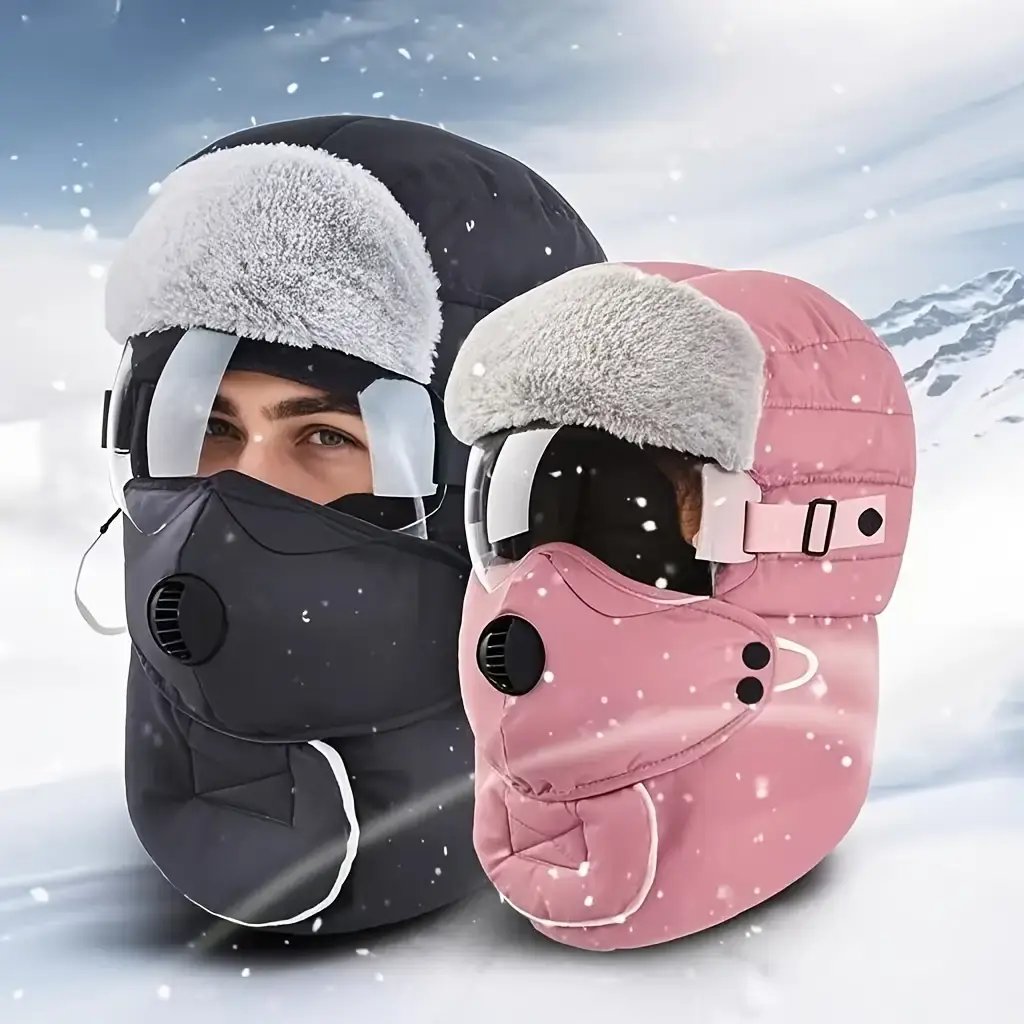 Unisex Adult Winter Outdoor 1-Set Biking Hat Set - Thick Polyester Fleece-Lined, Earflaps, Mask, Pink + Transparent Goggles, Windproof, Heat-Insulating Ski-Style for Cycling, Skiing, 1Set / Pink + Transparent Goggles