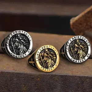 GTHIC Saint Christopher Protect Us Stainless Steel Cross Ring for Men Women Statement Jewelry Daily Wear