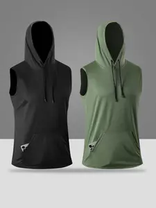 Two-piece men's sleeveless hoodie with simple sporty style, featuring a hood design that adds casualness. The large front pocket conveniently holds small items like phones, and the drawstring adjusts the hood circumference to fit snugly around the head. L