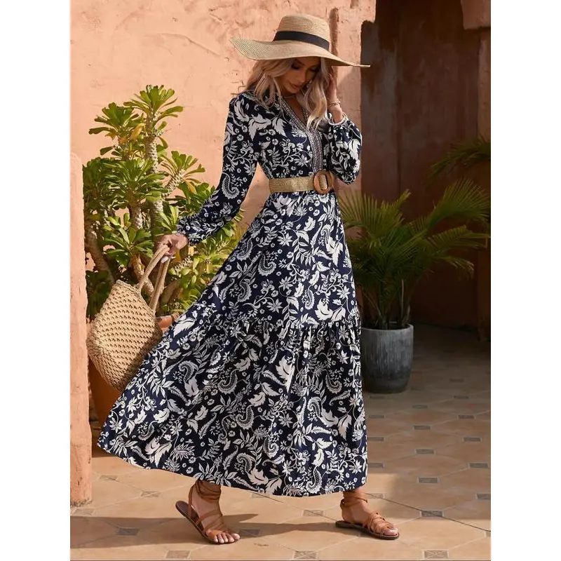 Boho Casual Soft Women's Western Style Floral Print Bishop Long Sleeve Notched Neck A-line Long Boho Casual Soft Women's Western Style Floral Print Bishop Long Sleeve Notched Neck A-line Long