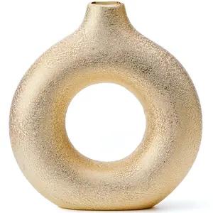 Gold with Texture Donut Vase - Handmade Minimalist Boho Style, Modern Vase for Home Decor, Wedding Dinner Table Party, Living Room, Office, Bedroom