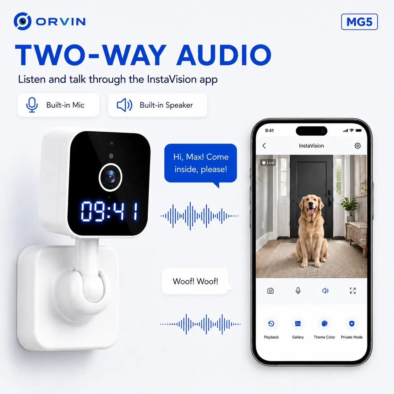 Orvin Smart Security MG5 Plug-In Indoor WiFi Security Camera with Digital Clock, Motion Detection & App Alerts, 2-Way Audio, Night Vision, MicroSD Recording, Baby Monitor & Pet Camera for Home